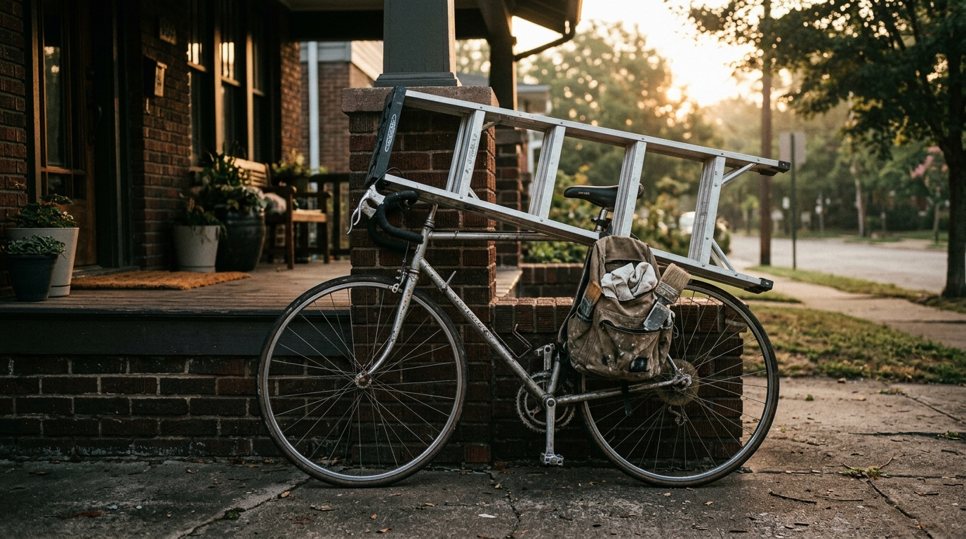 10-speed bicycle with backpack and four-foot step ladder at sunrise