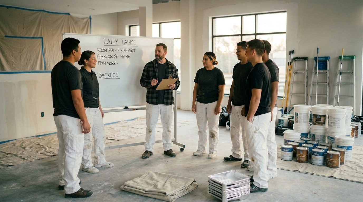Craftsman Painter crew leader training team in front of daily jobsite whiteboard